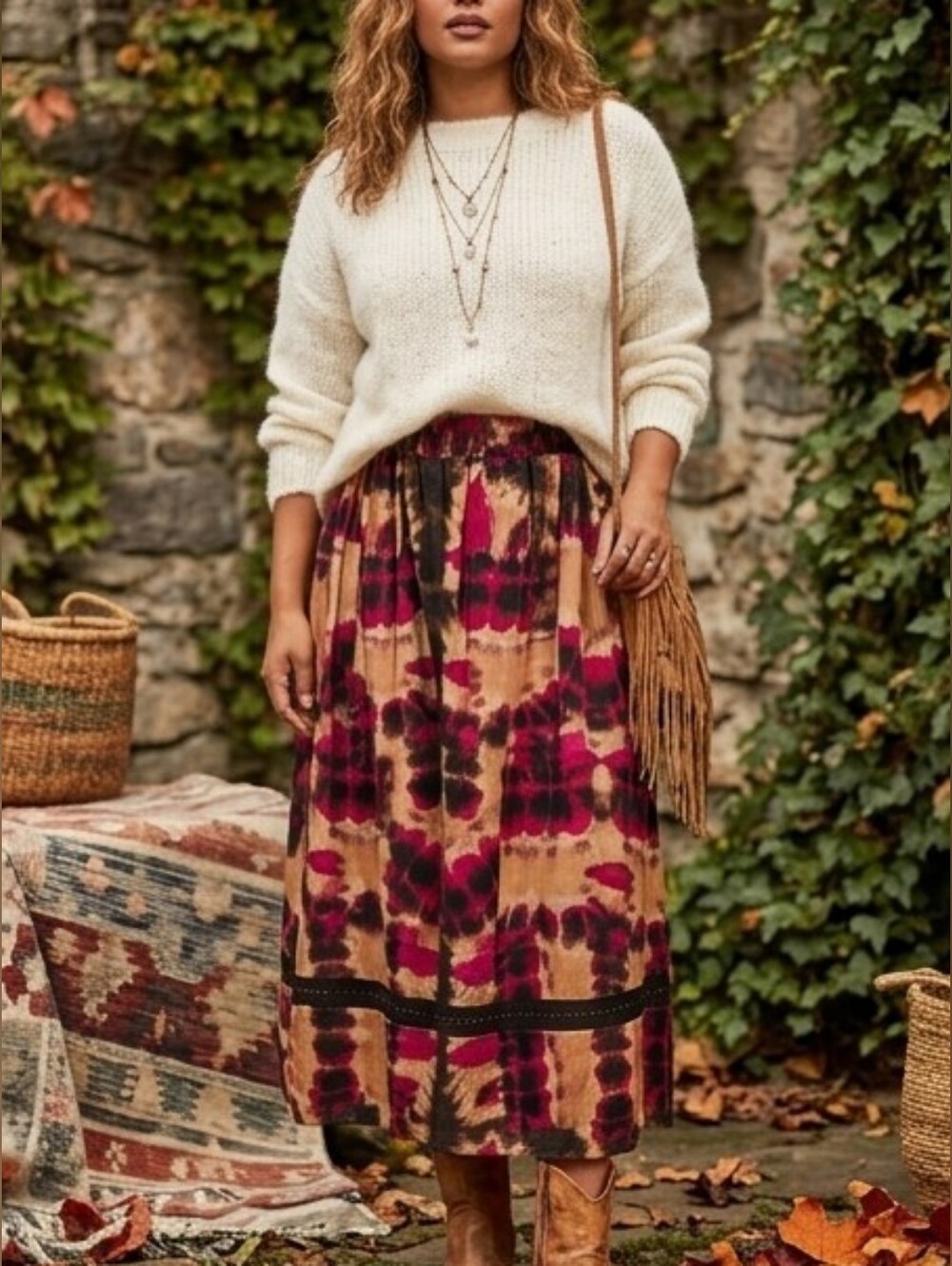 DKNY 100% Cotton Tie Dye Midi Skirt Crochet Studded Hem - Lrg